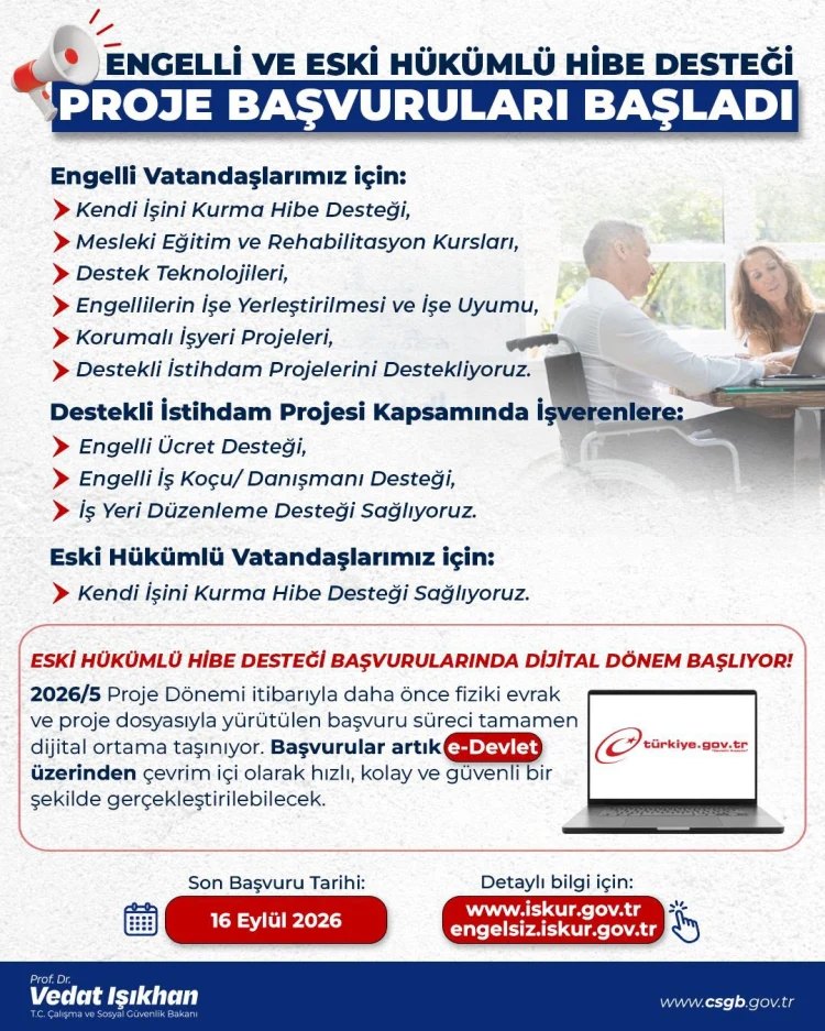Engelli ve eski hükümlü işsizler için hibe desteği başvuruları başladı