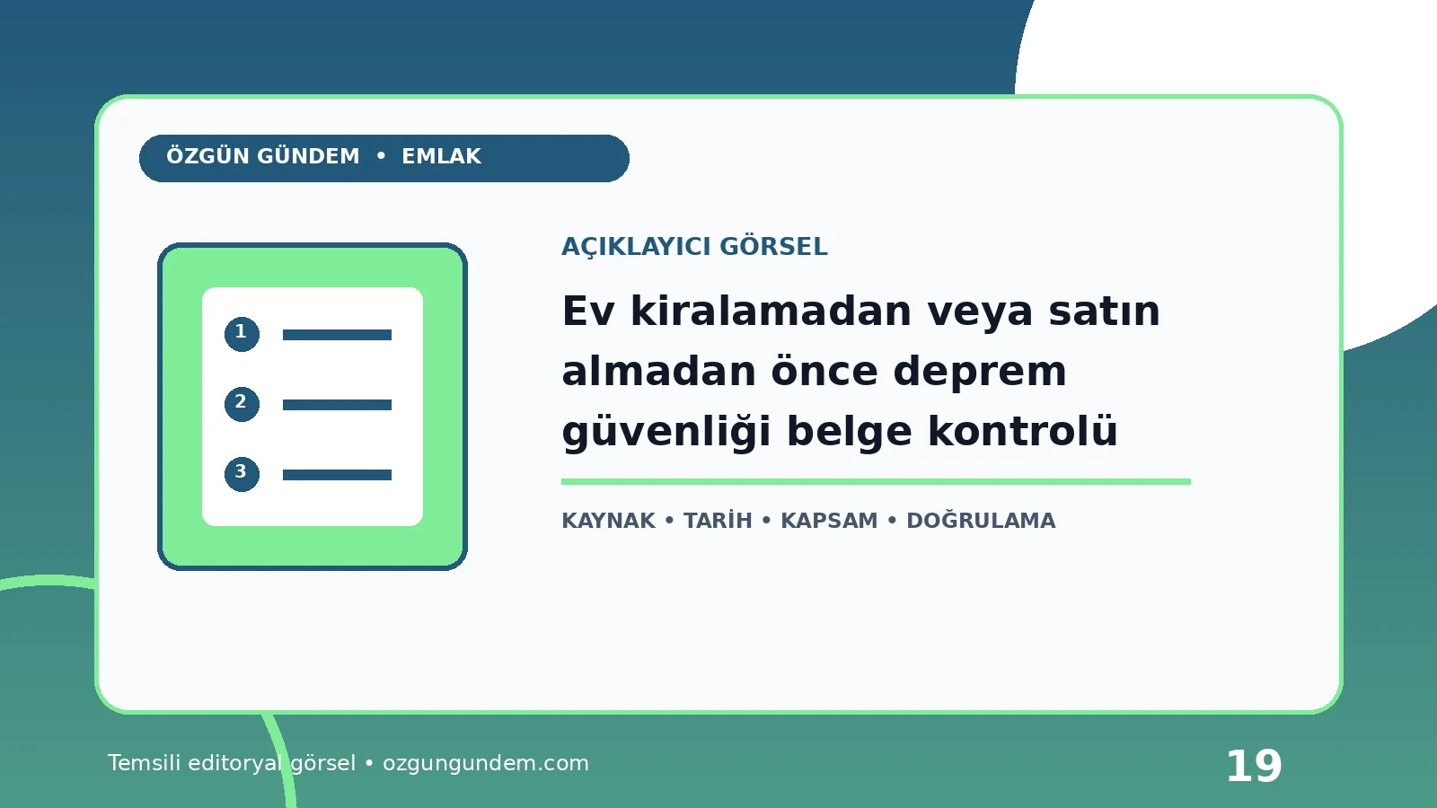 Ev kiralamadan veya satın almadan önce deprem güvenliği belge kontrolü için Özgün Gündem tarafından hazırlanan açıklayıcı haber içi görsel
