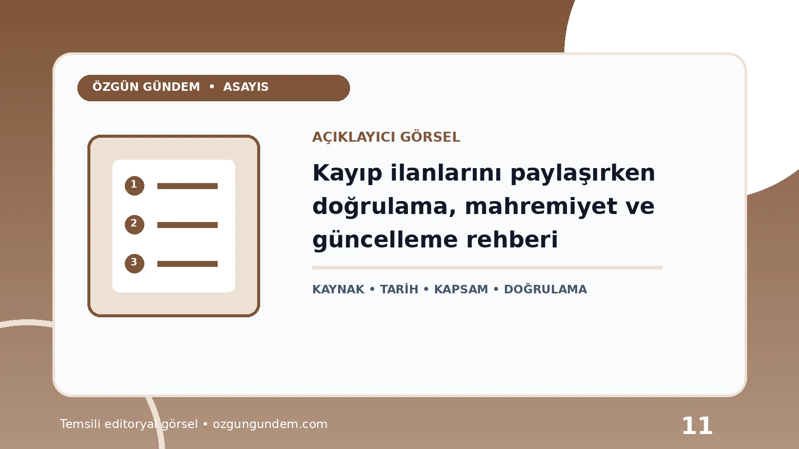 Kayıp ilanlarını paylaşırken doğrulama, mahremiyet ve güncelleme rehberi için Özgün Gündem tarafından hazırlanan açıklayıcı haber içi görsel